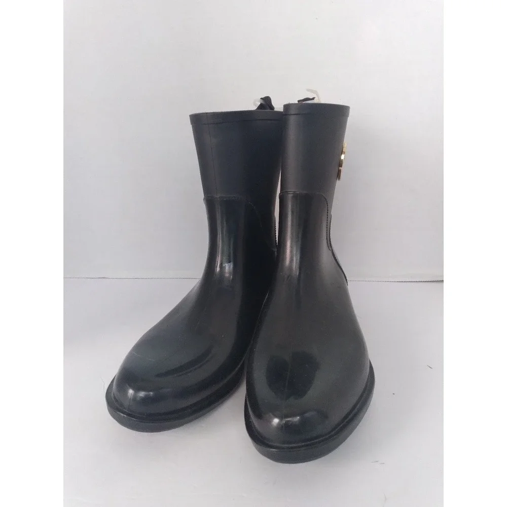 Tommy Hilfiger Womens Black Rubber Rain Boots Gold Logo Mid Calf Block Heel‎
